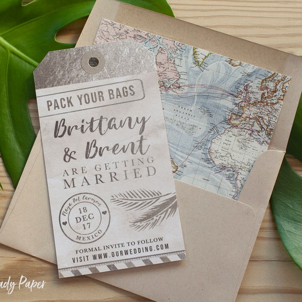 Luggage Tag Save the Date - Destination Wedding Save the Date Invitation - Faux Silver Foil and Grey Watercolor