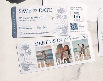Destination Wedding Boarding Pass 3 Photo QR Code Dusty Blue Palm Trees Travel Theme Save the Date Invitation by Luckyladypaper