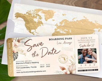 Destination Wedding Boarding Pass Photo Save the Date Tropical Gold Orchid Monstera Palm Leaves Pampas Grass - see item details to order