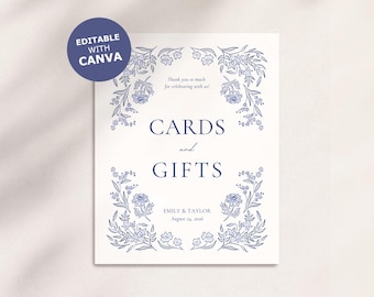 Cards Sign Gifts Sign rustic hand drawn whimsical wildflower love birds floral Wedding Printable DIY Edit in Canva Dusty Blue