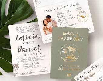 Destination Wedding Passport Invitation Set Sage Green Gold Grey Watercolor Tropical Design Real Foil Available by Luckyladypaper