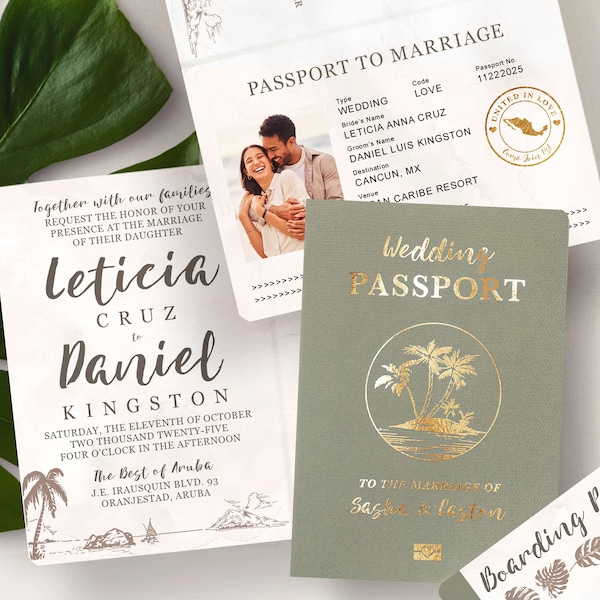 Destination Wedding Passport Invitation Set Sage Green Gold Grey Watercolor Tropical Design Real Foil Available by Luckyladypaper