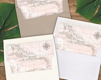 Envelope Liners A2 Size - Square Flap - Blush Watercolor Antique Caribbean Map - Pack of 25