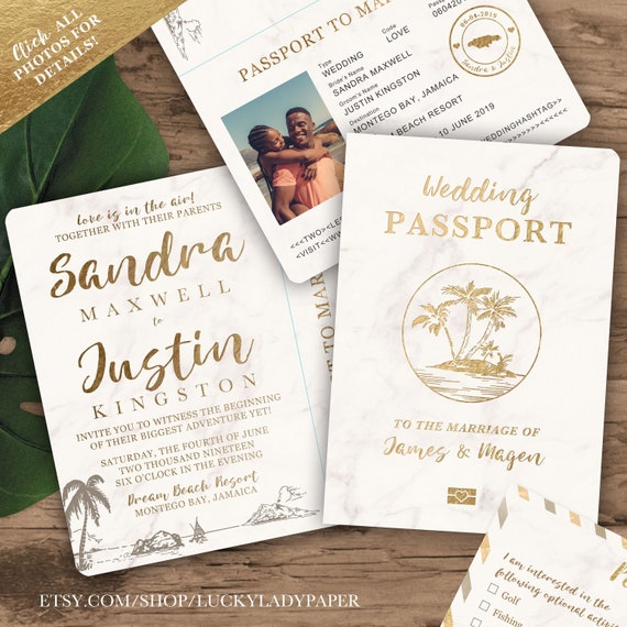 Destination Wedding Passport Invitation Set In Gold And Marble Etsy