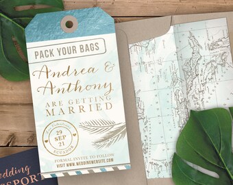 Destination Wedding Luggage Tag Shaped Save the Date - Save the Date Invitation - Faux Aqua and Gold Foil with Aqua Watercolor