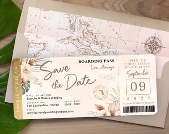 Destination Wedding Boarding Pass Save the Date Gold Neutral Tropical Orchid Palm Monstera Leaf - see item details to order