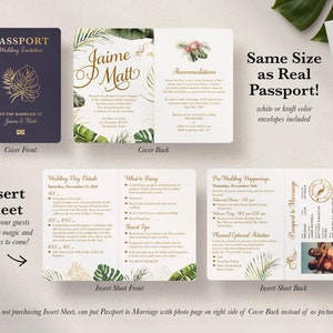Pu&ograve; includere: Un set di inviti di nozze formato passaporto con un tema tropicale. La copertina presenta uno sfondo blu con accenti dorati e il testo "Passport Wedding Invitation". Il foglio di inserimento include dettagli sul giorno del matrimonio, gli eventi pre-matrimonio e le attivit&agrave; opzionali. Il retro del foglio di inserimento presenta una foto della coppia e il testo "Passport to Marriage".