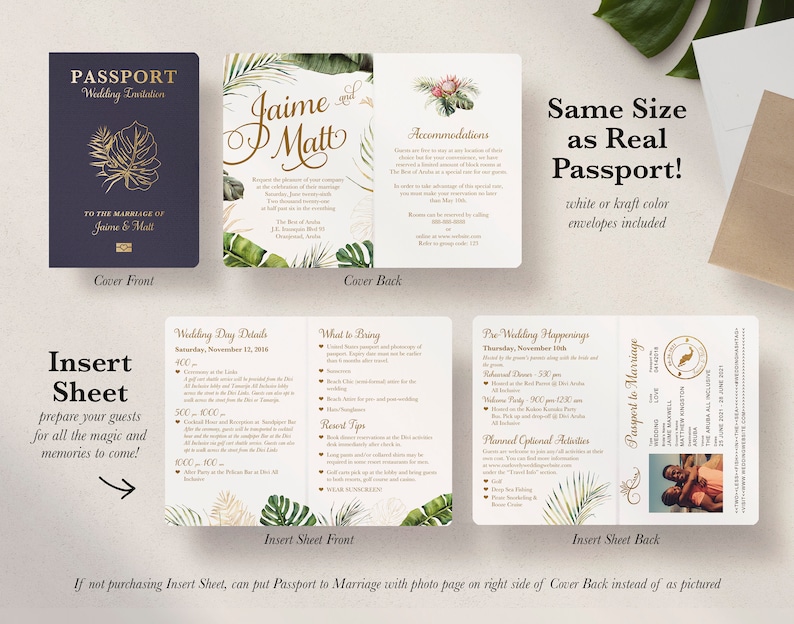 Pu&ograve; includere: Un set di inviti di nozze formato passaporto con un tema tropicale. La copertina presenta uno sfondo blu con accenti dorati e il testo "Passport Wedding Invitation". Il foglio di inserimento include dettagli sul giorno del matrimonio, gli eventi pre-matrimonio e le attivit&agrave; opzionali. Il retro del foglio di inserimento presenta una foto della coppia e il testo "Passport to Marriage".