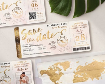 Destination Wedding Boarding Pass Save the Date Invitation in Gold and Blush Watercolor Real Foil Available by Luckyladypaper