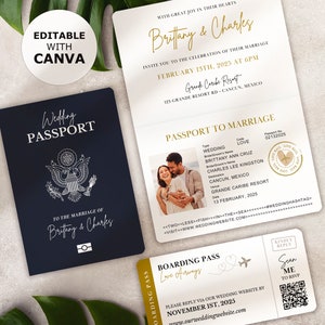 Destination Wedding Invitation Passport Template Boarding Pass QR Code Printable Passport Invitation Template DIY Edit in Canva