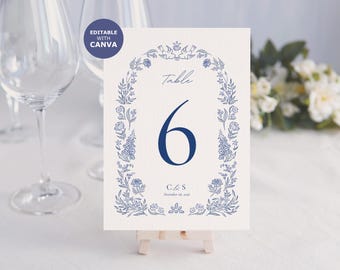Table Numbers rustic hand drawn whimsical wildflower love birds floral Dusty Blue Wedding Printable Template Edit in Canva
