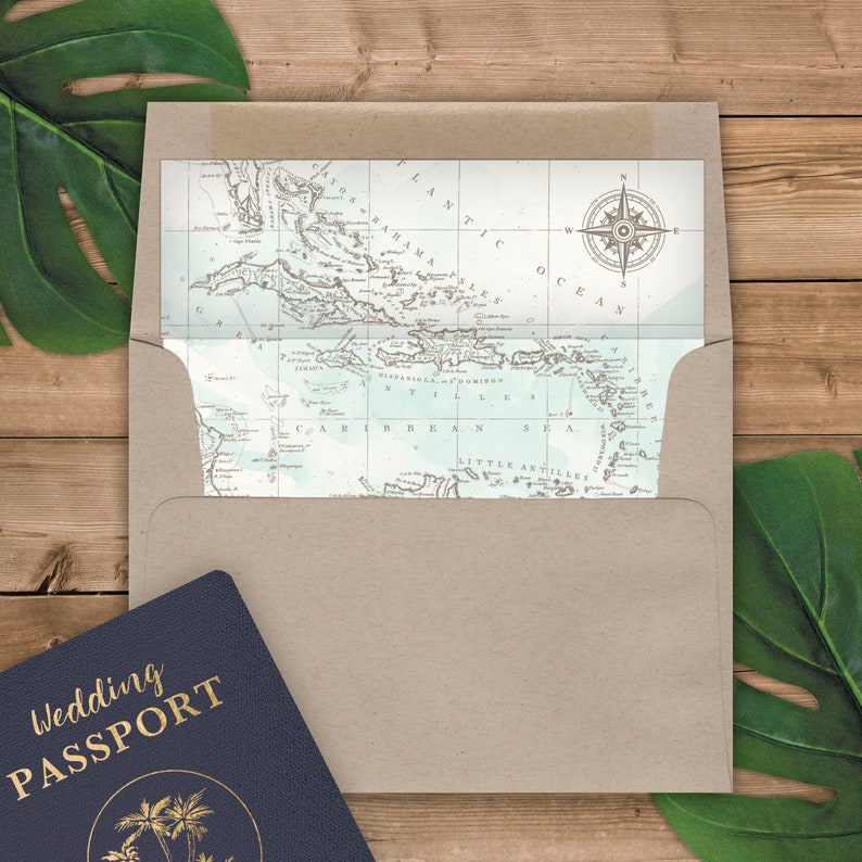 Envelope Liners A2 Size - Square Flap - Aqua Watercolor Antique Caribbean Map - Pack of 25 image 3