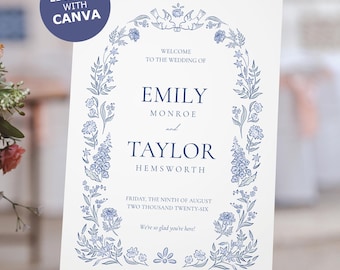Welcome Sign rustic hand drawn whimsical wildflower love birds floral Wedding Printable DIY Edit in Canva Dusty Blue