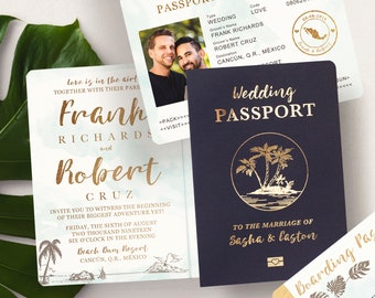 Passport Destination Wedding Invitation Set in Gold and Aqua Watercolor Tropical Design by Luckyladypaper - see item details to order