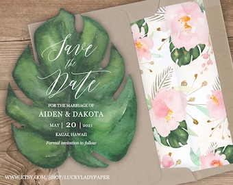 Tropical Leaf Shaped Save the Date Destination Wedding Invitation Card Monstera Leaf Watercolor design