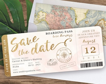 Mountain Destination Wedding Boarding Pass Save the Date Invitation in Gold and Blush Watercolor Real Foil Available by Luckyladypaper