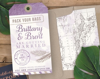 Destination Wedding Luggage Tag Shaped Save the Date - Save the Date Invitation - Faux Lavender Foil Script and Purple Watercolor