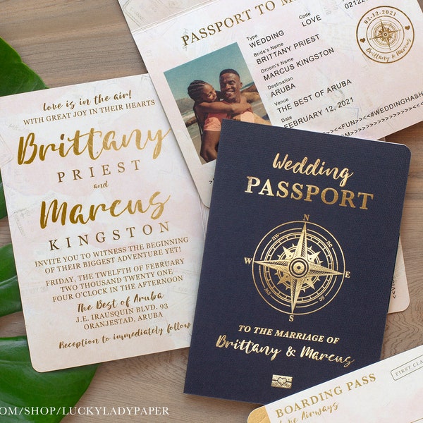 Destination Wedding Passport Invitation Set in Gold Foil and Blush Watercolor Compass Design by Luckyladypaper - see item details to order