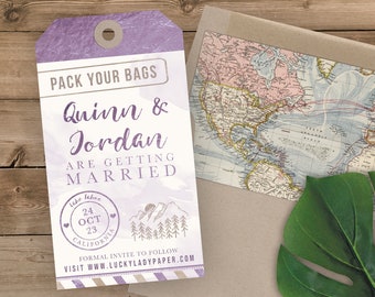 Luggage Tag Save the Date - Destination Wedding Save the Date Invitation - Faux Lavender Foil and Purple Watercolor Mountains and Evergreens