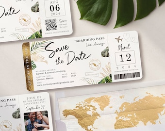 Destination Wedding Boarding Pass Save the Date Invitation Tropical Green Leaves Travel Theme Real Gold Foil Available by Luckyladypaper