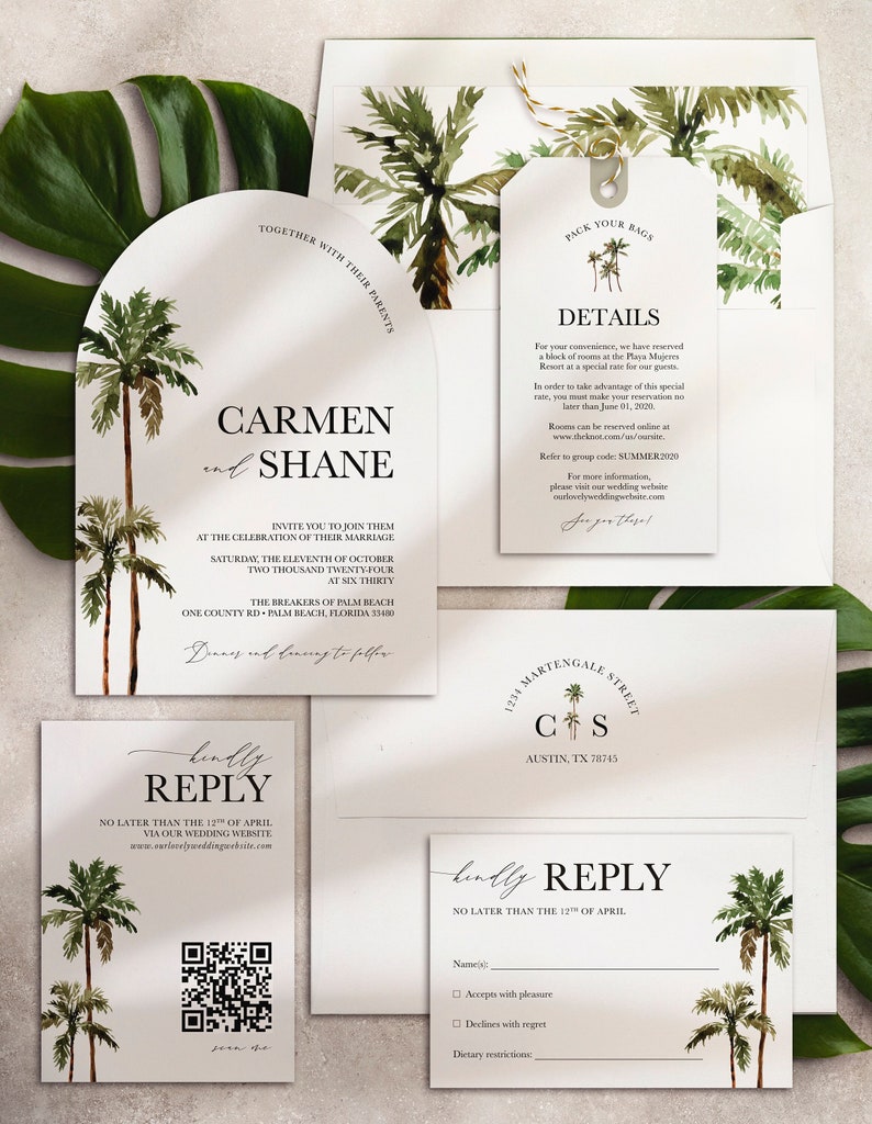 Arch Shape Wedding Invitation Palm Tree Design QR code RSVP card Luggage Tag Information card
