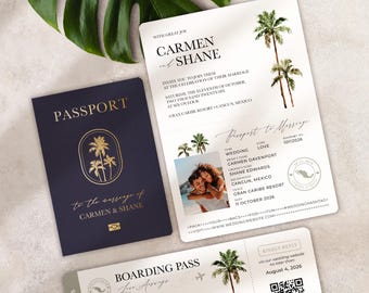 Passport Destination Wedding Invitation Set Palm Trees Boarding Pass QR Code RSVP by Luckyladypaper - see details to order