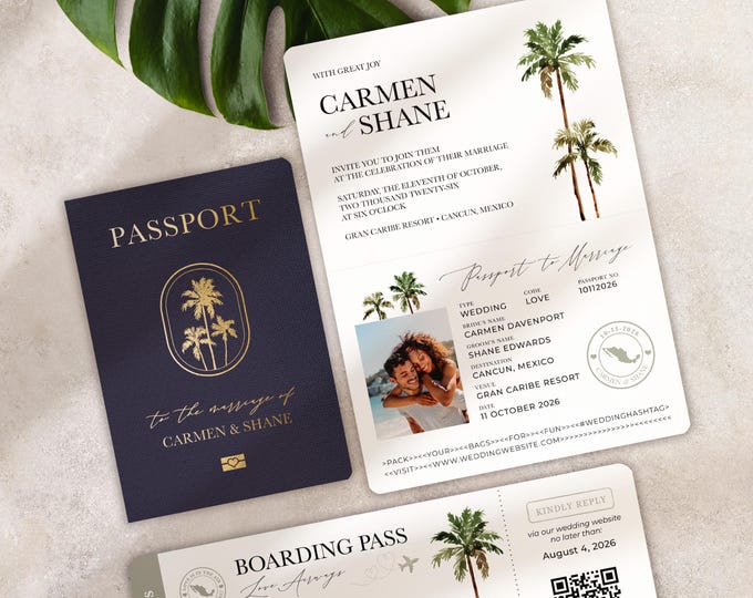 Featured listing image: Passport Destination Wedding Invitation Set Palm Trees Boarding Pass QR Code RSVP by Luckyladypaper - see details to order
