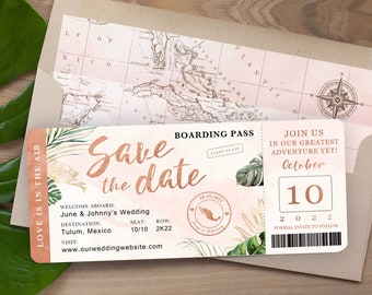 Destination Wedding Boarding Pass Save the Date Invitation Tropical Green Leaves Rose Gold Blush Watercolor Travel Theme Ticket