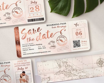 Destination Wedding Boarding Pass Save the Date Invitation in Rose Gold and Blush Watercolor Real Foil Available by Luckyladypaper