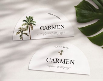 Arch Wedding Place Escort Seating Cards Tropical Palm Half Circle Destination by luckyladypaper