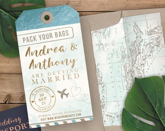 Luggage Tag Shaped Save the Date - Destination Wedding Save the Date Invitation Airplane - Faux Aqua and Gold Foil and Aqua Watercolor