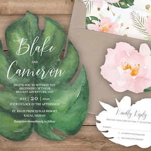 Tropical Leaf Shaped Destination Wedding Invitation Card Set Monstera and Blush Pink Peony Flower Watercolor design by Luckyladypaper