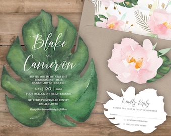 Tropical Leaf Shaped Destination Wedding Invitation Card Set Monstera and Blush Pink Peony Flower Watercolor design by Luckyladypaper