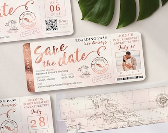 Destination Boarding Pass Wedding Save the Date Photo Invitation in Rose Gold and Blush Watercolor Real Foil Available by Luckyladypaper