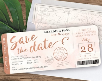 Austin Texas Wedding Boarding Pass Save the Date Invitation in Rose Gold and Blush Watercolor by Luckyladypaper - see item details to order