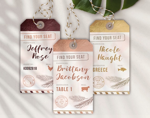 Luggage Tag Escort Seating Place Cards Destination Wedding Tropical  Watercolor Travel Theme
