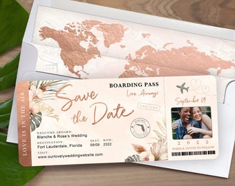 Destination Wedding Boarding Pass Save the Date Rose Gold Tropical Orchid Palm Monstera Leaves by Luckyladypaper - see item details to order