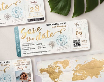 Destination Wedding Boarding Pass Save the Date or Invitation QR Code in Aqua and Gold Watercolor with Compass Real Foil Available