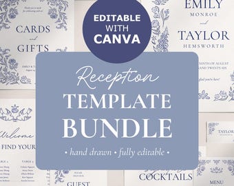 Wedding Template Bundle rustic hand drawn whimsical wildflower love birds floral Printable DIY Edit in Canva Dusty Blue Wedding Reception