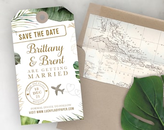 Luggage Tag Shaped Save the Date - Destination Wedding Save the Date Invitation - Tropical Greenery Palm Leaf Leaves Airplane Gold