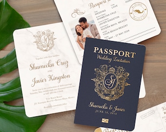 Destination Wedding Passport Invitation Gold Marble Monogram Crest QR code RSVP by Luckyladypaper - Real Foil Available