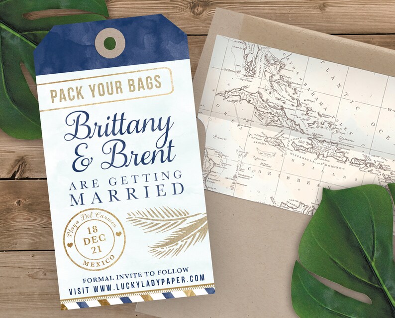 Save the Date Invitation Faux Aqua and Gold Foil with Aqua Watercolor Destination Wedding Luggage Tag Shaped Save the Date
