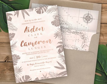 Destination Wedding Invitation - Tropical Invitation Set in Rose Gold and Blush Watercolor by Luckyladypaper