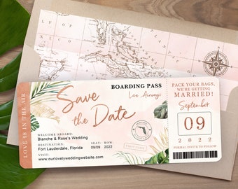 Destination Wedding Boarding Pass Save the Date Invitation Tropical Green Leaves Rose Gold Blush Watercolor Travel Theme Ticket