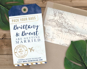 Luggage Tag Shaped Save the Date - Destination Wedding Save the Date Invitation Airplane - Navy and Blue Watercolor