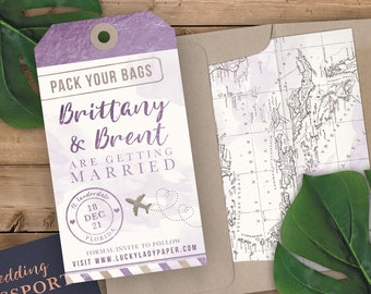 Luggage Tag Shaped Save the Date - Destination Wedding Save the Date Invitation Airplane - Faux Lavender Foil and Purple Watercolor