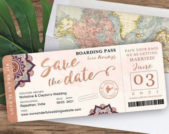 India Destination Wedding Boarding Pass Save the Date Invitation in Rose Gold and Blush Watercolor Mandala Design - see item detail to order