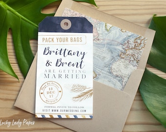 Luggage Tag Save the Date - Destination Wedding Save the Date Invitation - Faux Gold Foil with Navy and aqua blue Watercolor