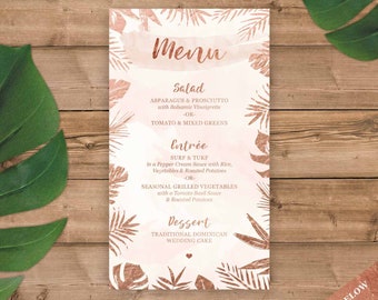 Tropical Paradise Menu cards in Rose Gold and Blush Watercolor