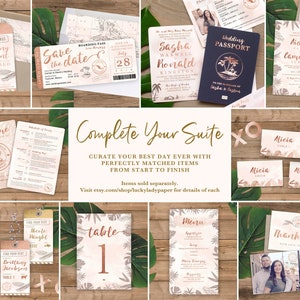 Pu&ograve; includere: Una collezione di articoli di cancelleria per matrimoni a tema tropicale che comprende una carta di salvataggio della data, una carta d'imbarco, un invito di nozze, un passaporto di nozze, un cartello di benvenuto, un numero di tavolo, un menu, una carta di posto e una carta di ringraziamento. La cancelleria &egrave; decorata con foglie di palma, fiori tropicali e un accento in foglia d'oro.